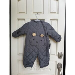 Wippette Baby Quilted Pram Suit Charcoal Bear Ears Hooded Winter Size 3/6 Months
